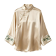 Beige Mandarin Collar Frog Button Bamboo Embroidery Silk Blouse