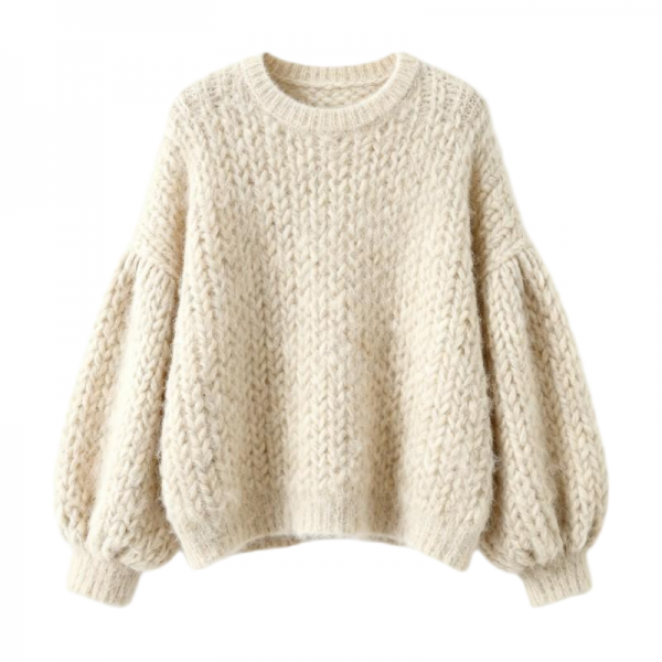 Cream Chunky Knit Round Neck Puff Sleeve Oversized Sweater