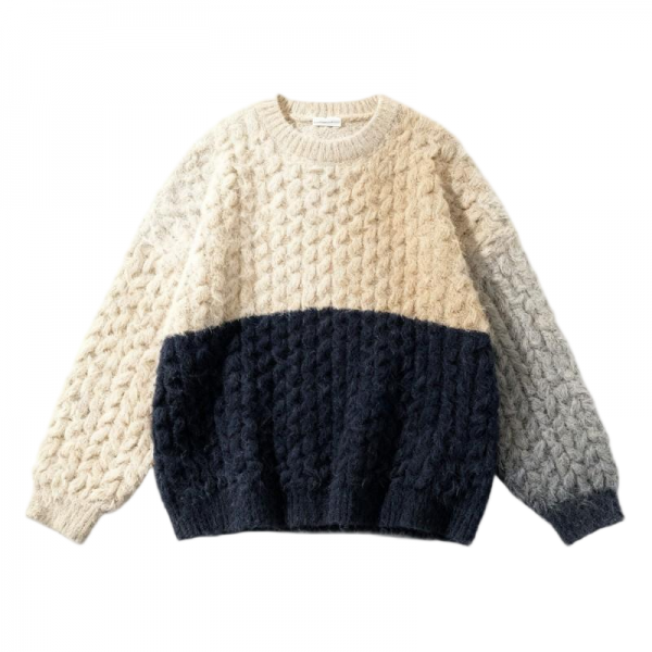Two-Tone Cream & Navy Chunky Cable Knit Oversized Sweater