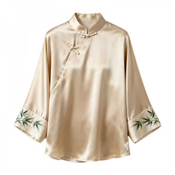 Beige Mandarin Collar Frog Button Bamboo Embroidery Silk Blouse