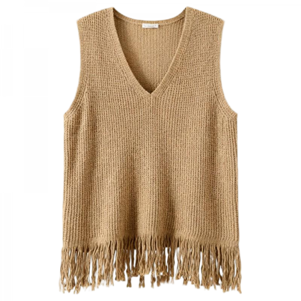 Beige V-Neck Sleeveless Knit Vest with Fringe Hem