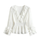 White Ruffled V-neck Smocked Waist Long Sleeve Elegant Blouse