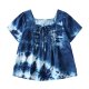 Blue & White Tie-Dye Square Neck Tie Detail Short Sleeve Blouse