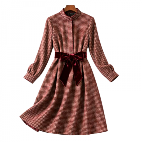 Burgundy Houndstooth Dress with Velvet Bow Belt