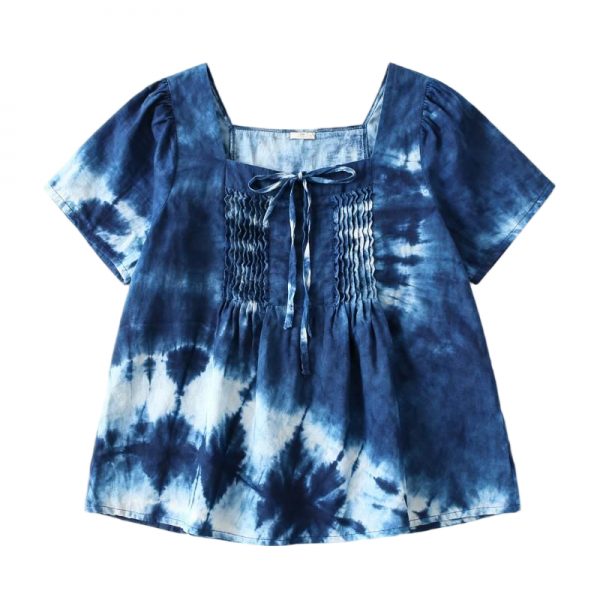 Blue & White Tie-Dye Square Neck Tie Detail Short Sleeve Blouse